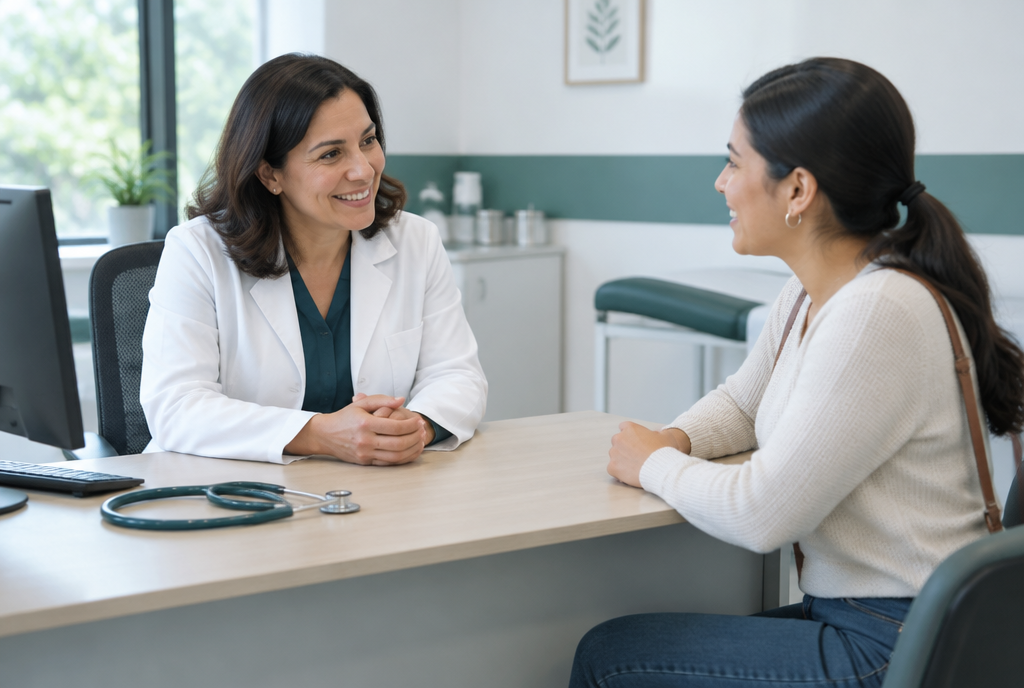 Escena ilustrativa: médica conversando con una paciente
